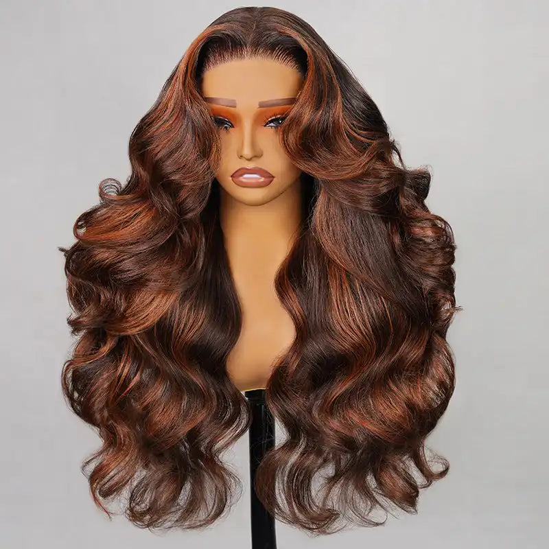 6x5 Pre-Cut Long Deep Wave Glueless Wig - Brown with Ginger Highlights