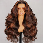 6x5 Pre-Cut Long Deep Wave Glueless Wig - Brown with Ginger Highlights