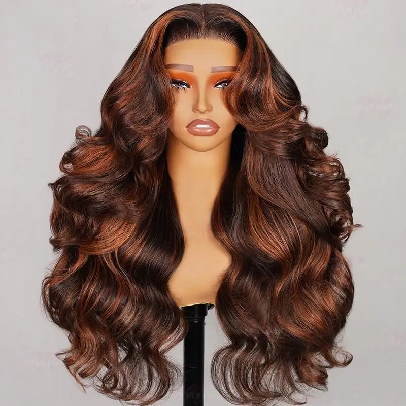 6x5 Pre-Cut Long Deep Wave Glueless Wig - Brown with Ginger Highlights