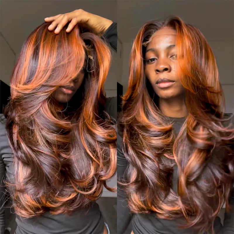 6x5 Pre-Cut Long Deep Wave Glueless Wig - Brown with Ginger Highlights