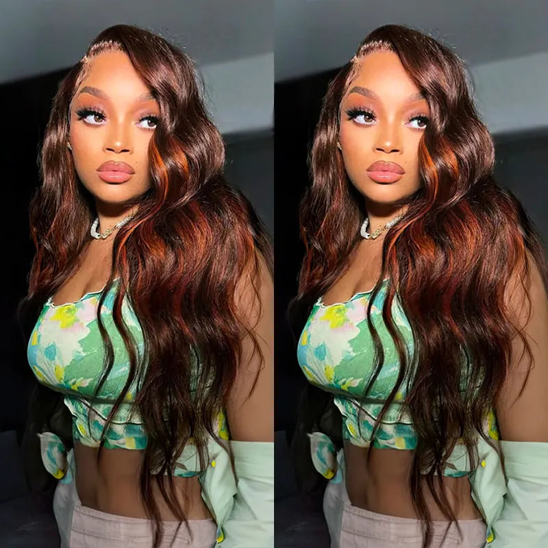 6x5 Pre-Cut Long Deep Wave Glueless Wig - Brown with Ginger Highlights